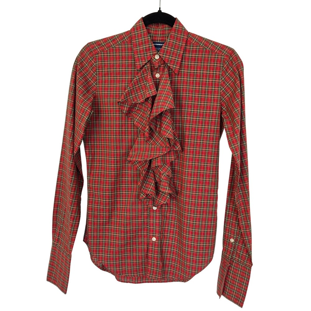 Ralph Lauren Sport Plaid Ruffle Tie Neck Blouse Cotton Sz 2 - Picture 3 of 6